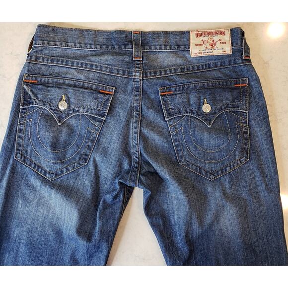 True Religion Men's Size 38 Flap Straight Jeans Medium Wash Blue - Picture 5 of 14